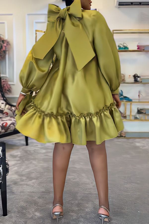 Bow Detail Pearl Neck Satin Dress