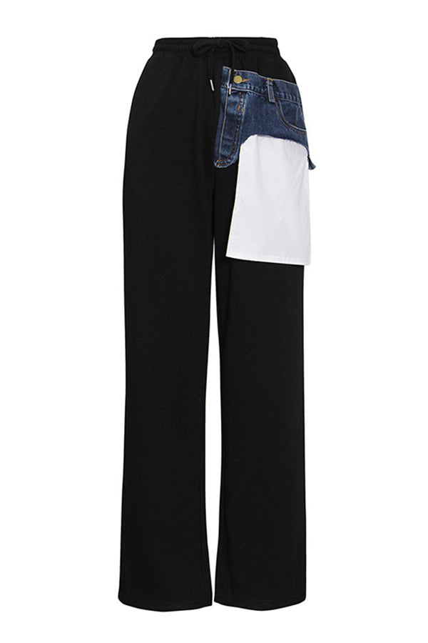Straight Leg Patched Denim Pocket Pants