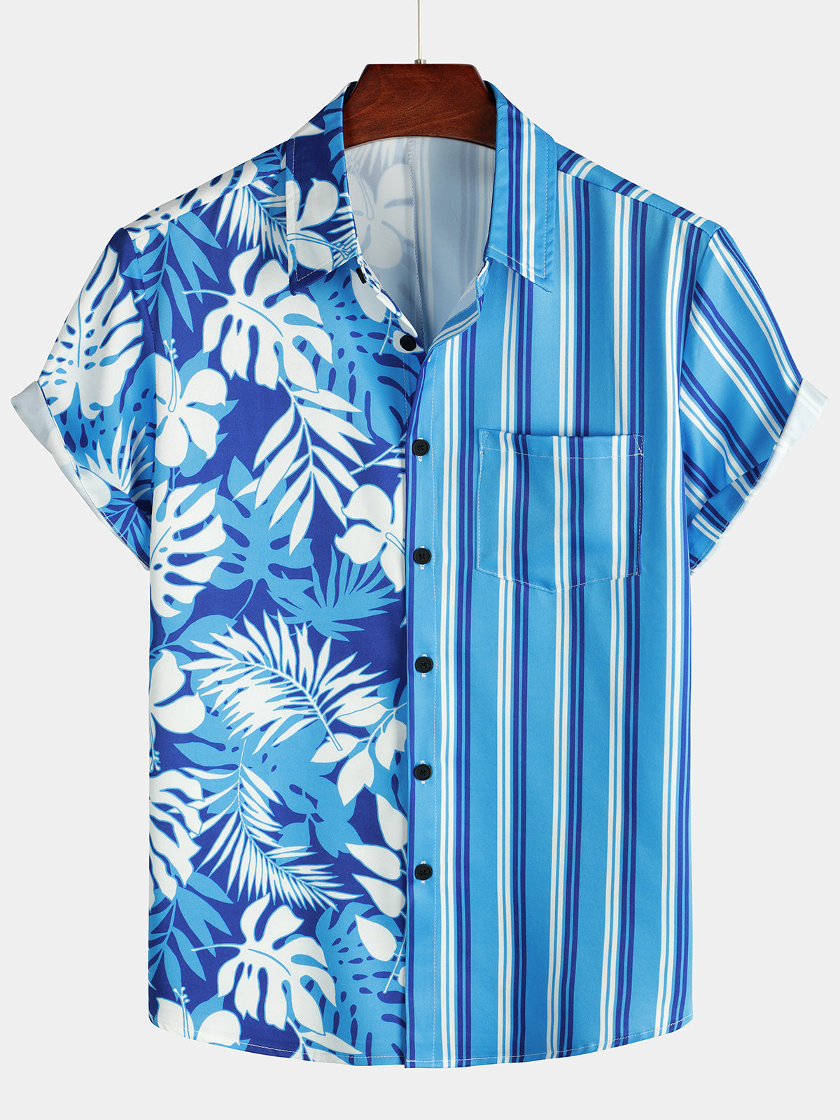 Men's Floral Tropical Print Blue and White Striped Beach Short Sleeve Button Up Hawaiian Shirt