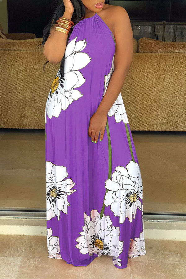 Flower Print Halter Maxi Dress With Headscarf
