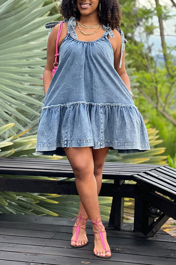 Knot Shoulder Denim Ruffle Hem Mini Dress