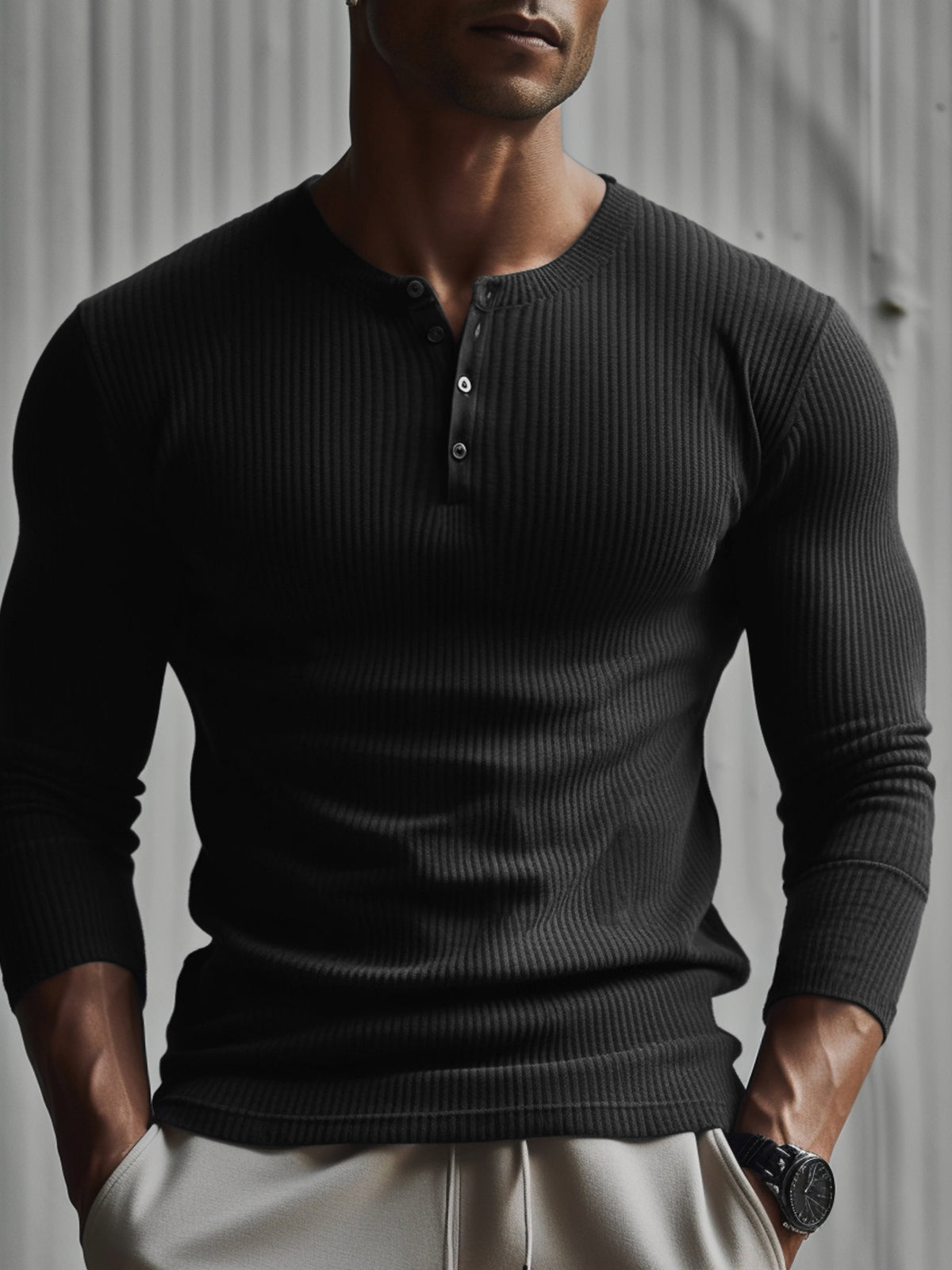 M's Rib Knit Curved Hem Long Sleeve Henley Shirt