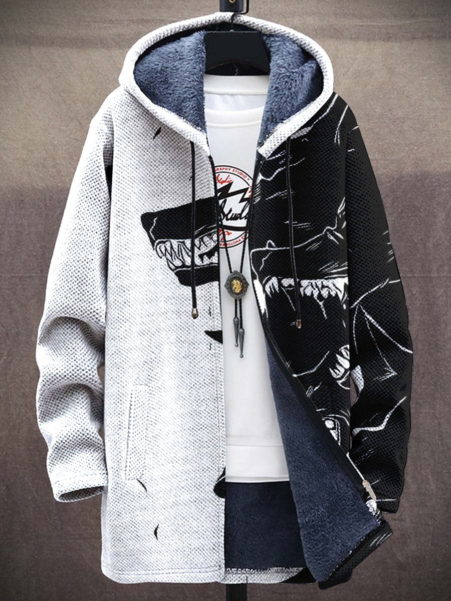Men's Black And White Art Long-Sleeved Fleece Sweater Coat Cardigan