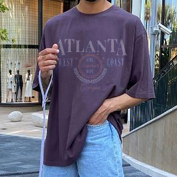 Men's Street Retro Fashion Loose Casual Purple Letter Print Short Sleeve T-Shirt