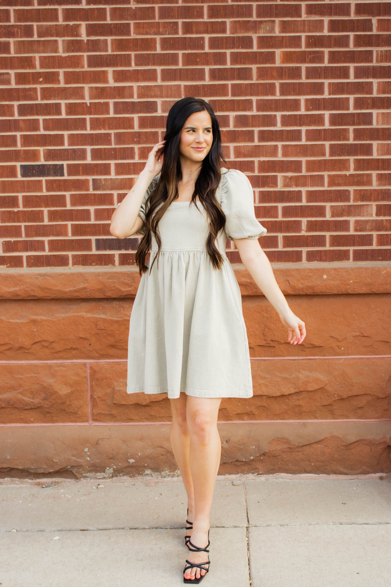 Emma Washed Denim Babydoll Dress | Light Olive
