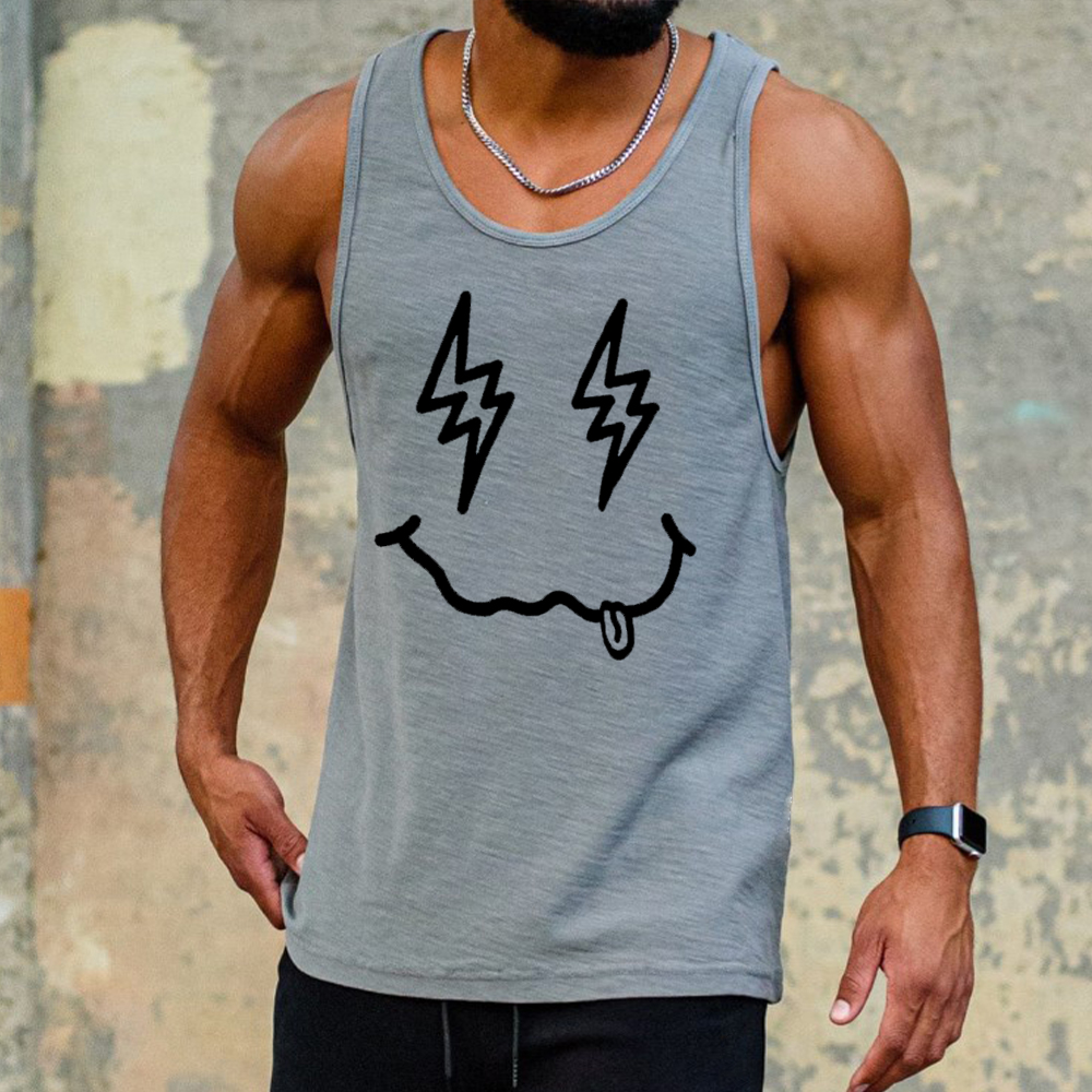 Men's Sports Smiley Print Sleeveless Black Tank Top