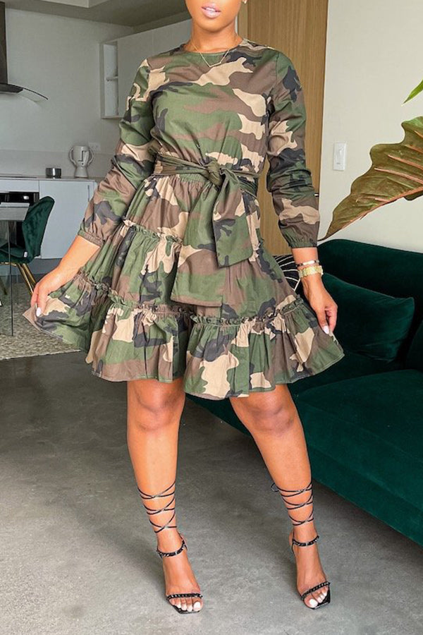 Camo Print Belted Ruffle Hem Dress