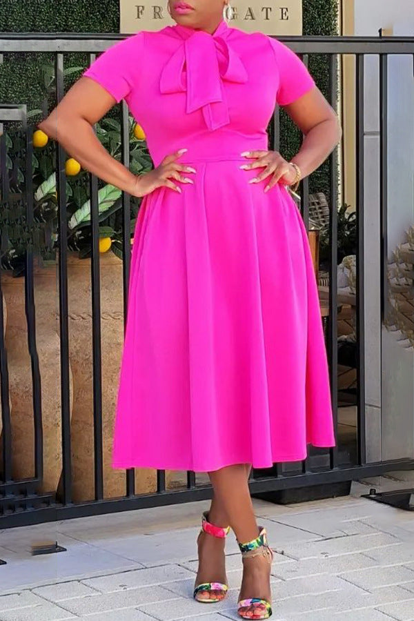 Tied Neck Short Sleeve A-line Dress
