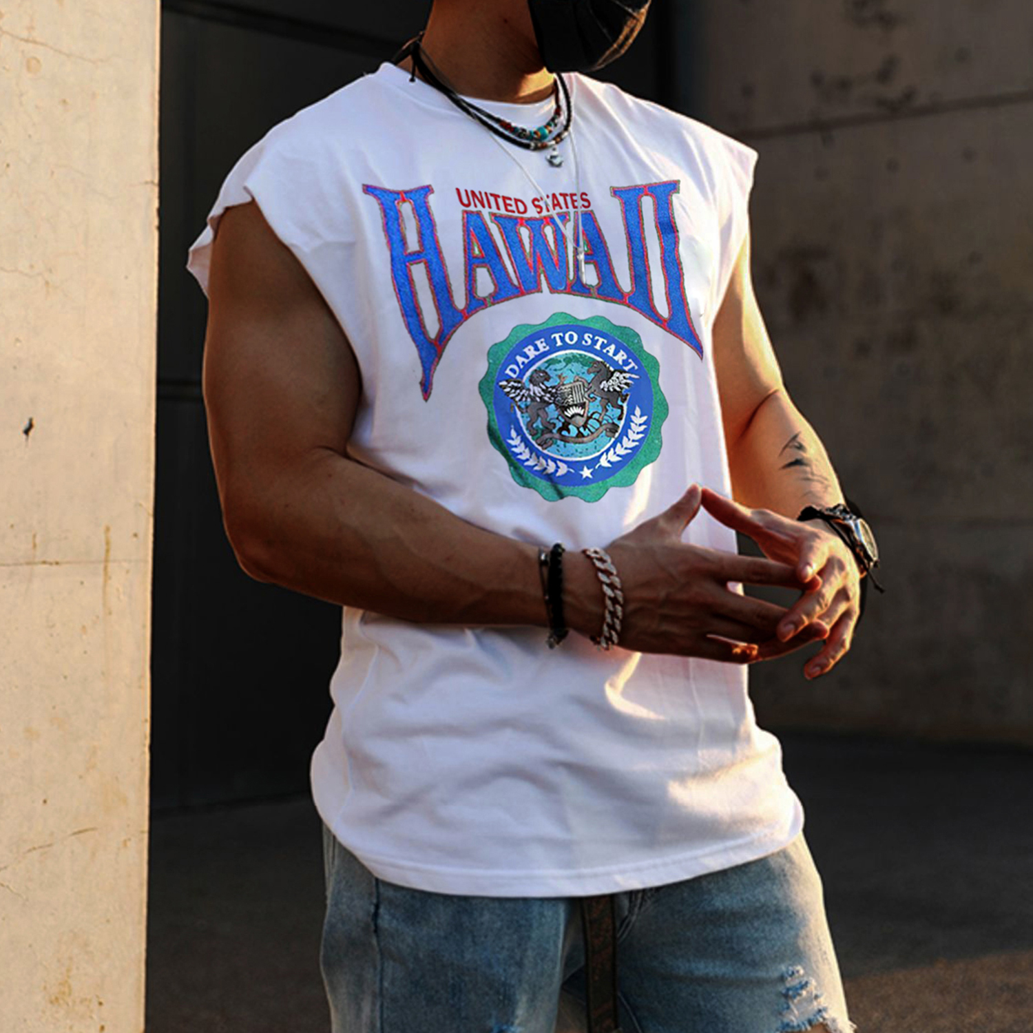 Retro Men's Hawaii Print Tank Top Oversized Sleeveless T-shirt