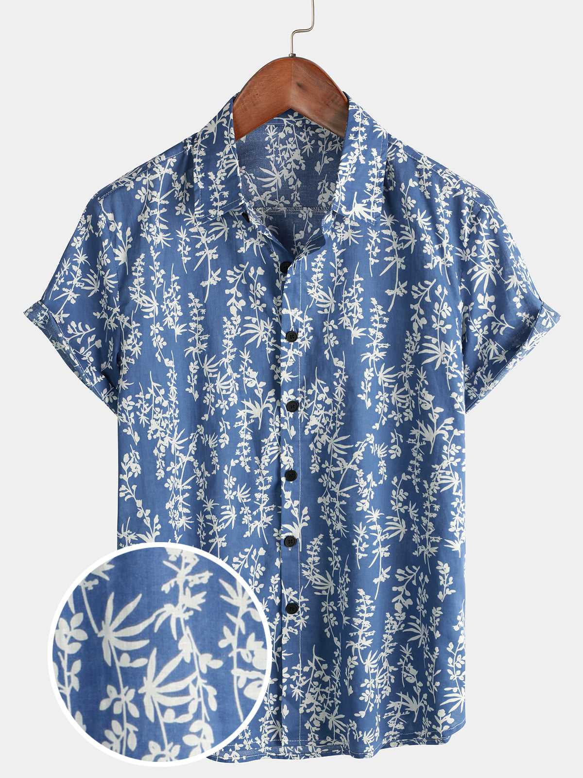 Men's Tropical Leaf Print Top Blue Cotton Button Up Short Sleeve Shirt
