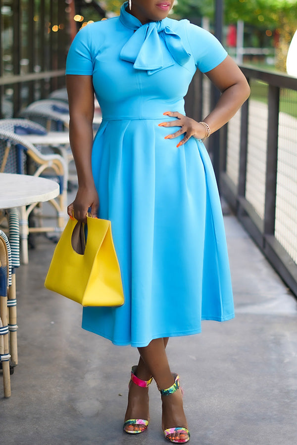 Tied Neck Short Sleeve A-line Dress
