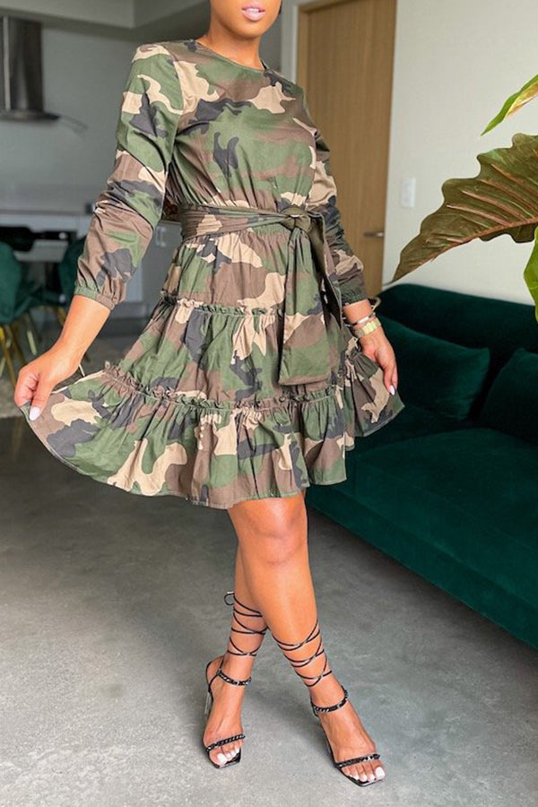 Camo Print Belted Ruffle Hem Dress
