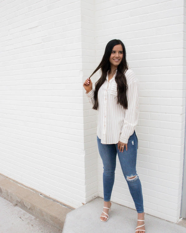 Holly Button Up Boyfriend Shirt | Natural Stripe