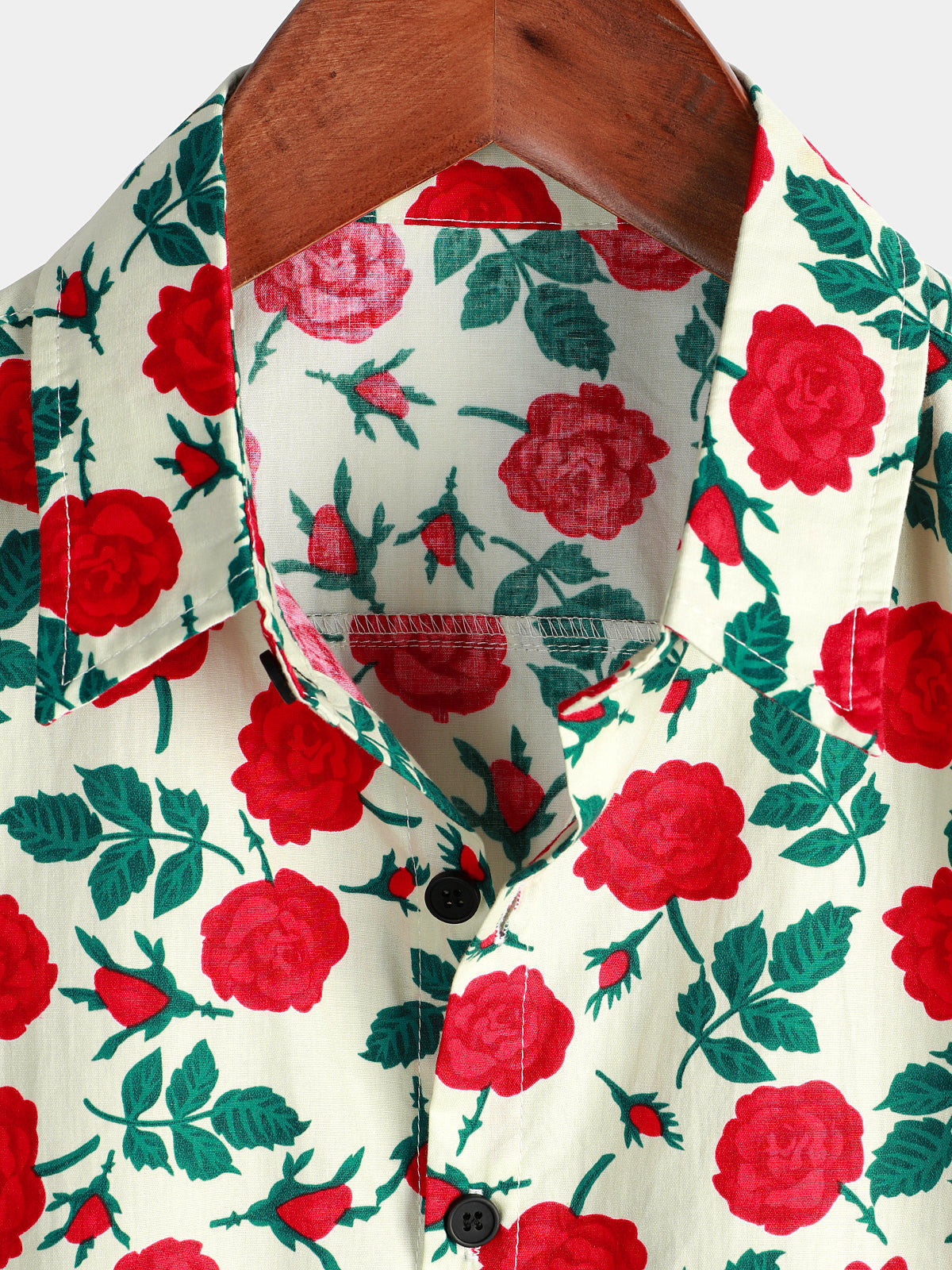 Men's Rose Print Cotton Breathable Beach Summer Button up Beige Short Sleeve Shirt