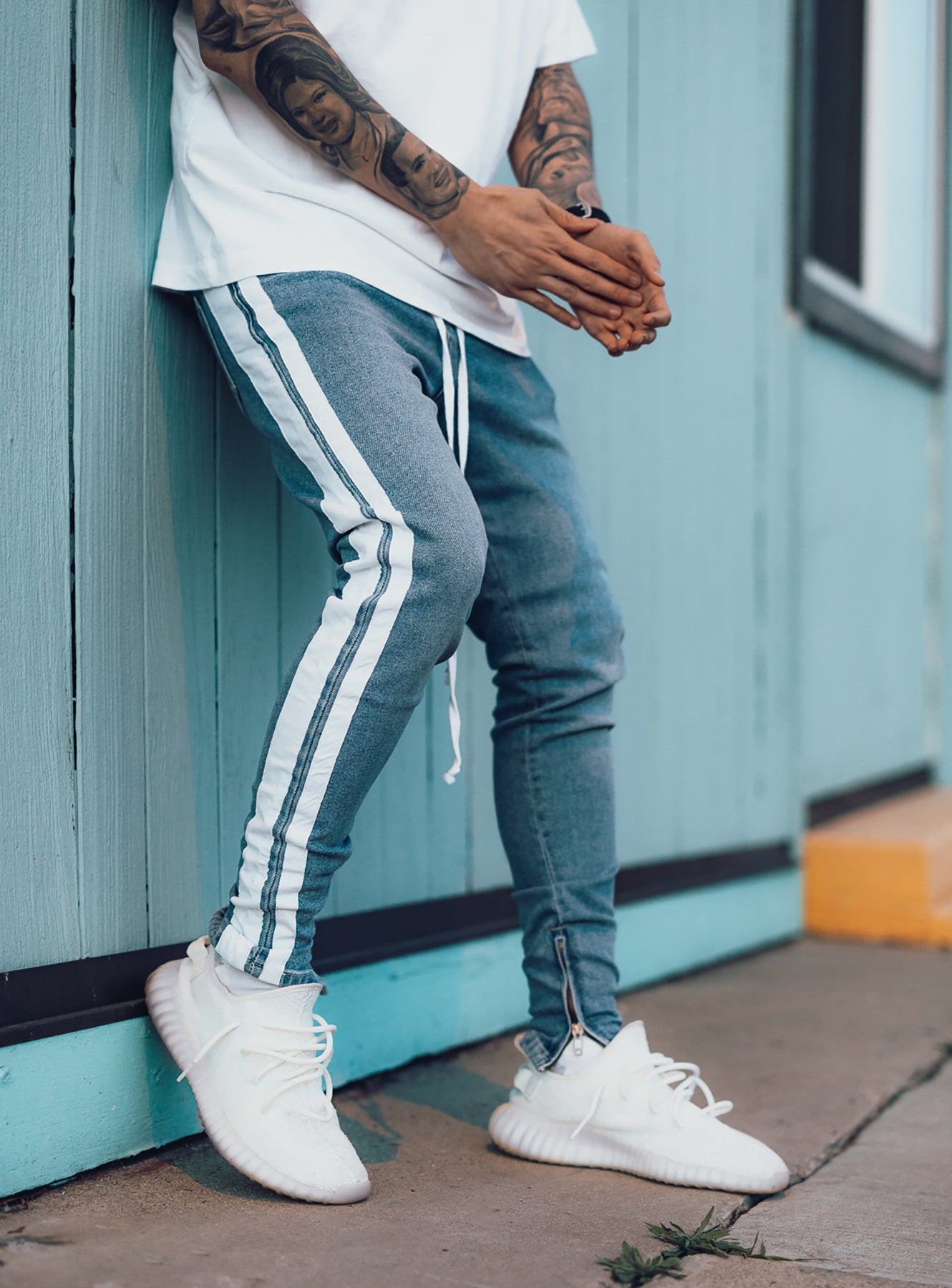 Double Striped Track Jeans V1 in Blue and White