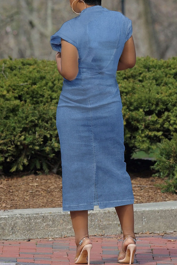 Flap Pocket Denim Midi Dress