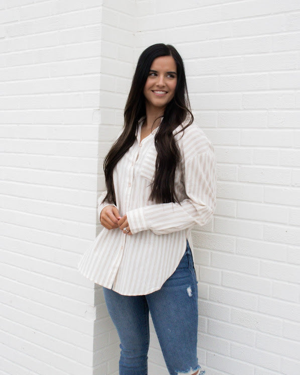 Holly Button Up Boyfriend Shirt | Natural Stripe