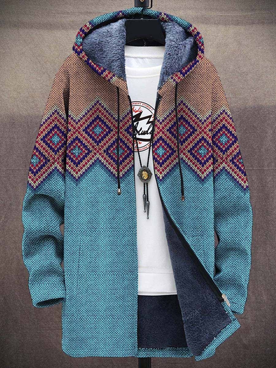 Men's Retro Print Plush Thick Long-Sleeved Coat Cardigan