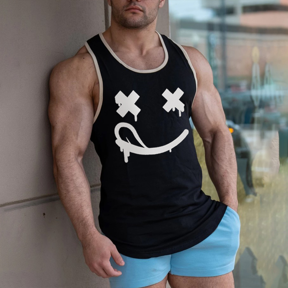 Men's Sports Smiley Print Sleeveless Black Tank Top