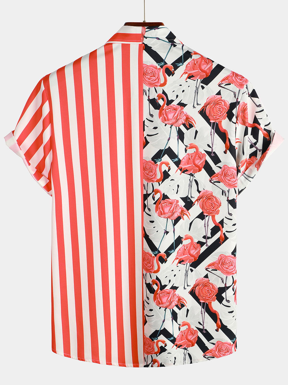 Men's Flamingo & Striped Print Pocket Short Sleeve Shirt