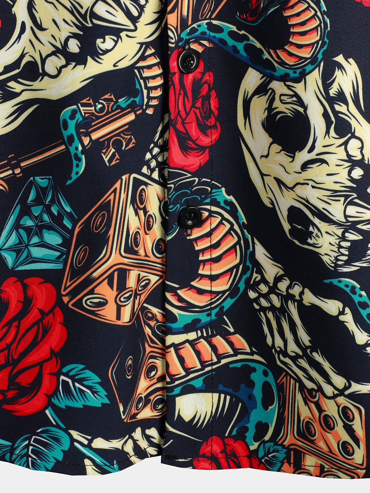 Men's Skull Rose Print Short Sleeve Hawaiian Shirt