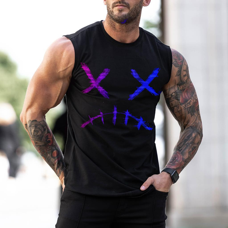 Men's Color Patchwork Smiley Print Casual Slim Fit Tank