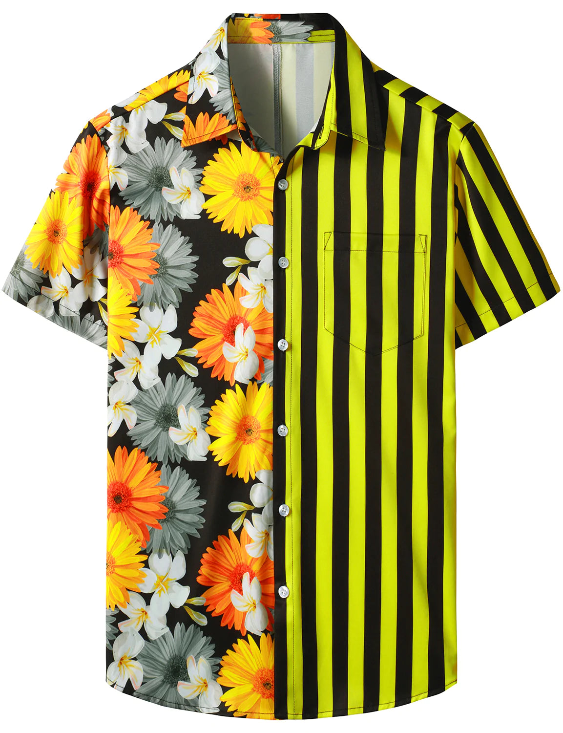 Men's Daisy Flowers Yellow Striped Print Floral Pocket Vacation Casual Short Sleeve Summer Shirt