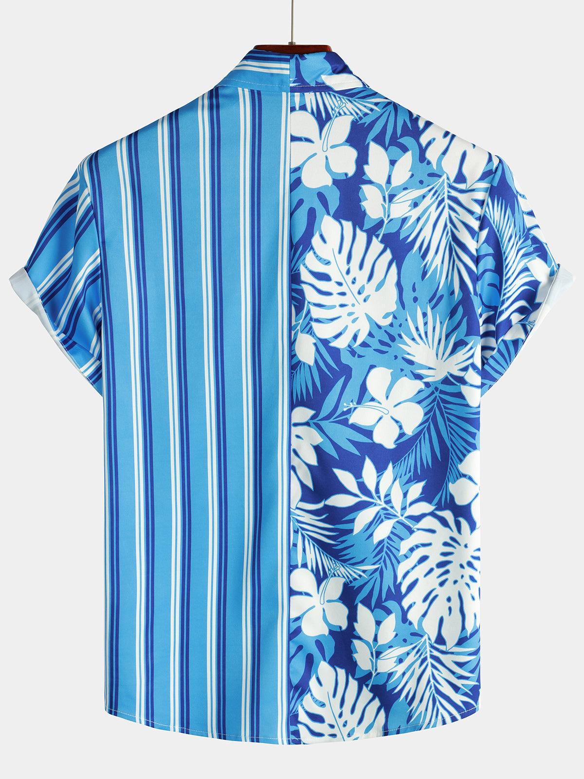 Men's Floral Tropical Print Blue and White Striped Beach Short Sleeve Button Up Hawaiian Shirt