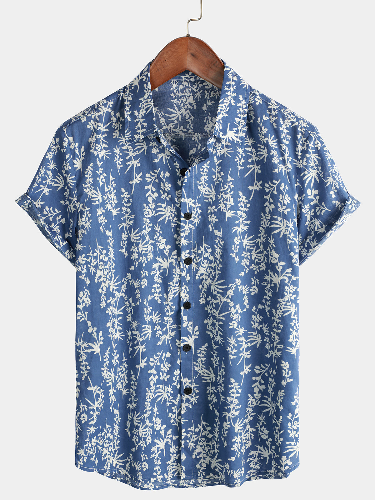 Men's Tropical Leaf Print Top Blue Cotton Button Up Short Sleeve Shirt