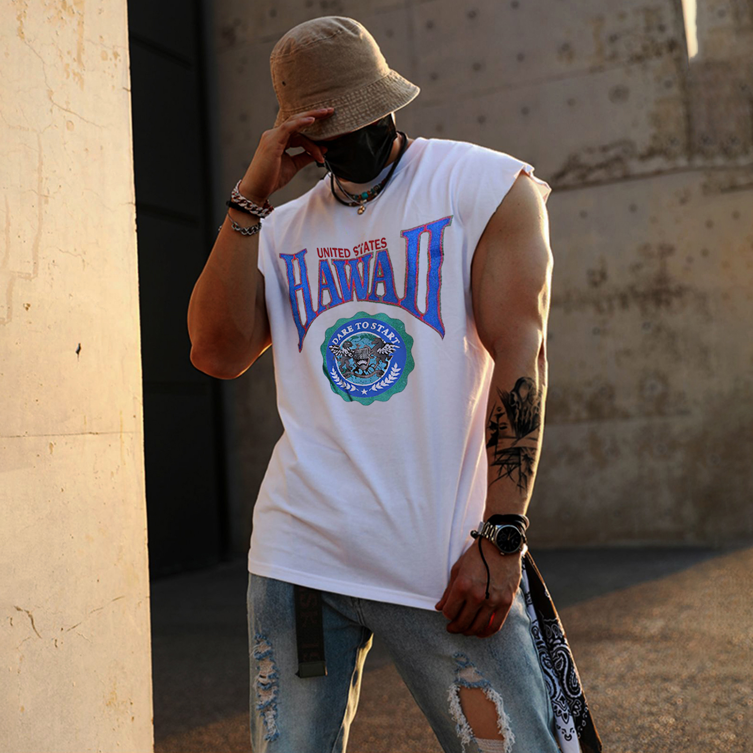 Retro Men's Hawaii Print Tank Top Oversized Sleeveless T-shirt