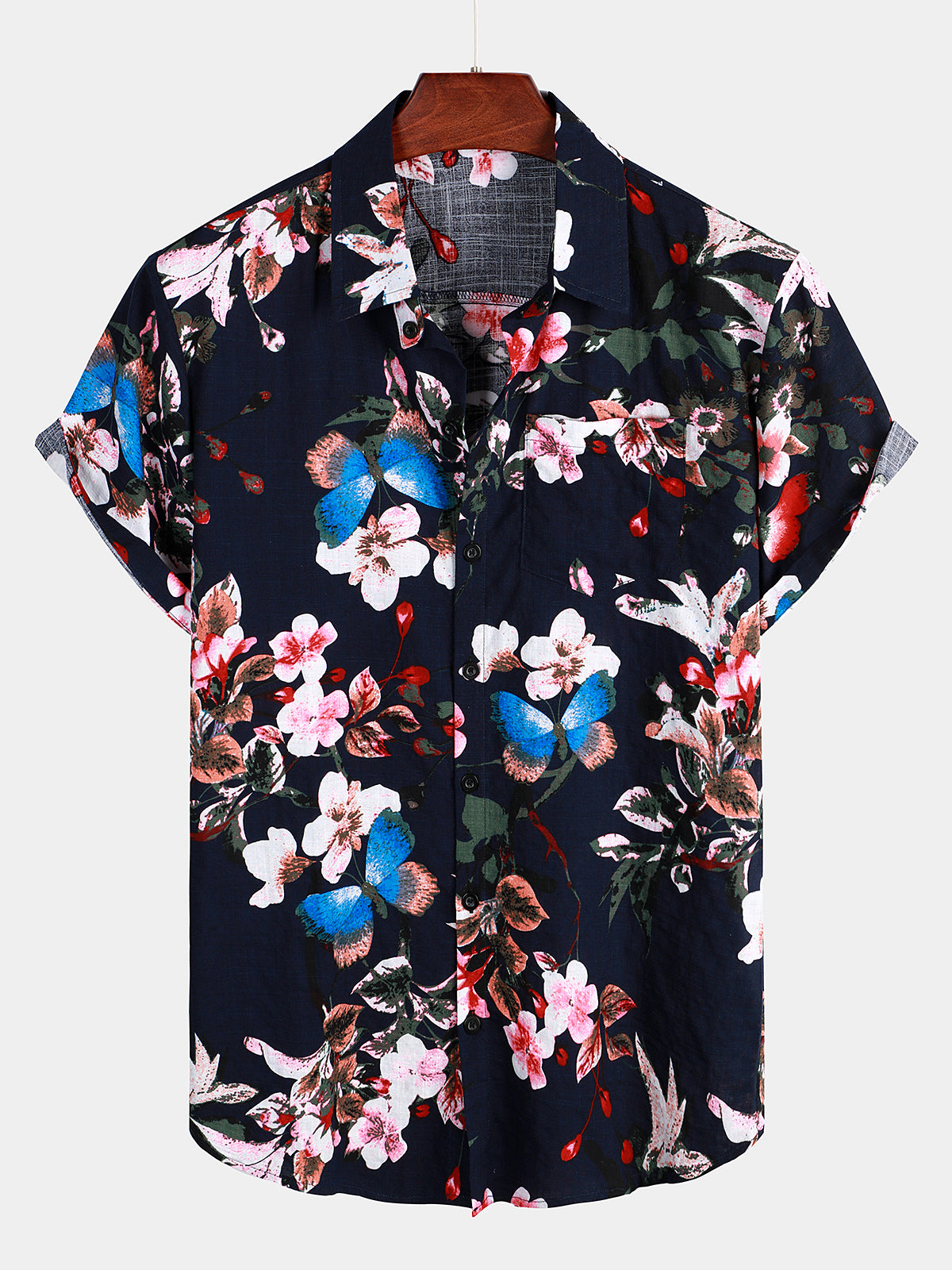 Men's Flower Butterfly Print Pocket Hawaiian Shirt