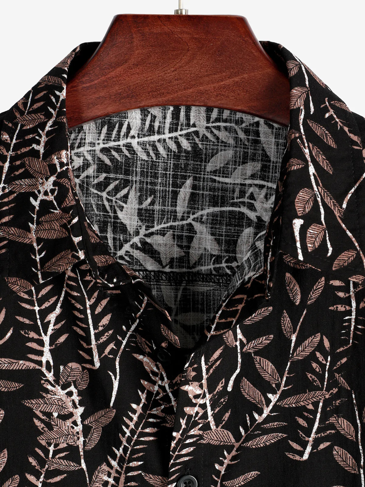 Men's Casual Retro Plant Leaf Black Button Up Summer Short Sleeve Shirt
