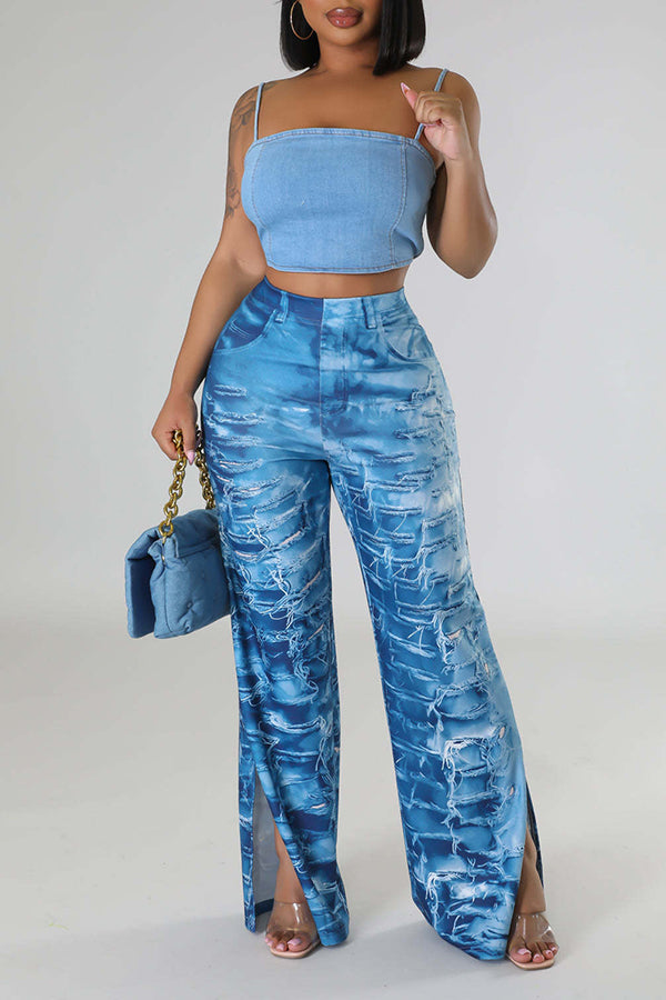 Imitation Denim Print Slit Pants