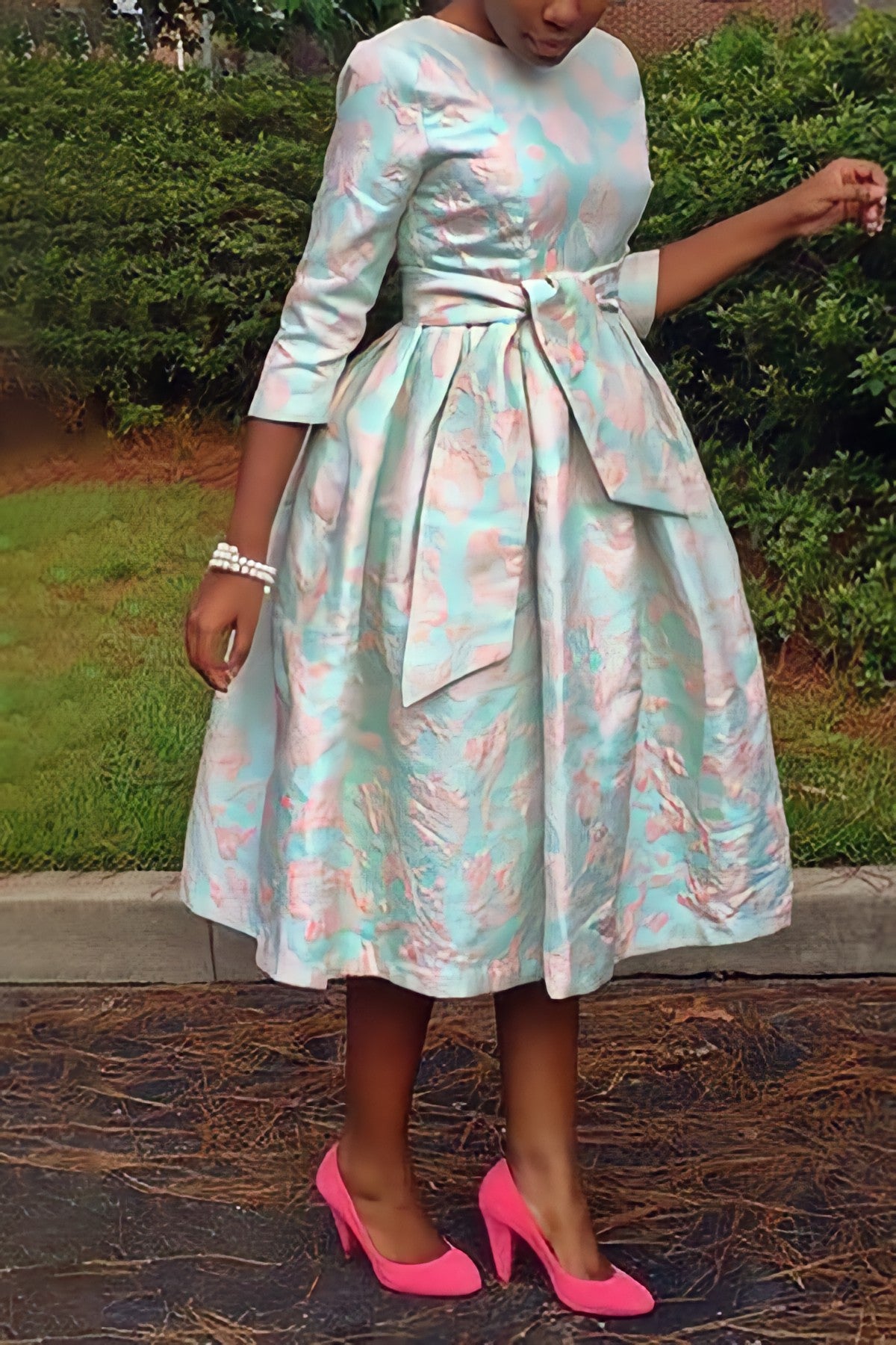 3/4 Sleeve Bloom Floral A-line Dress