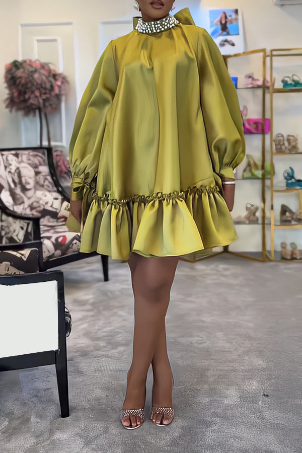 Bow Detail Pearl Neck Satin Dress