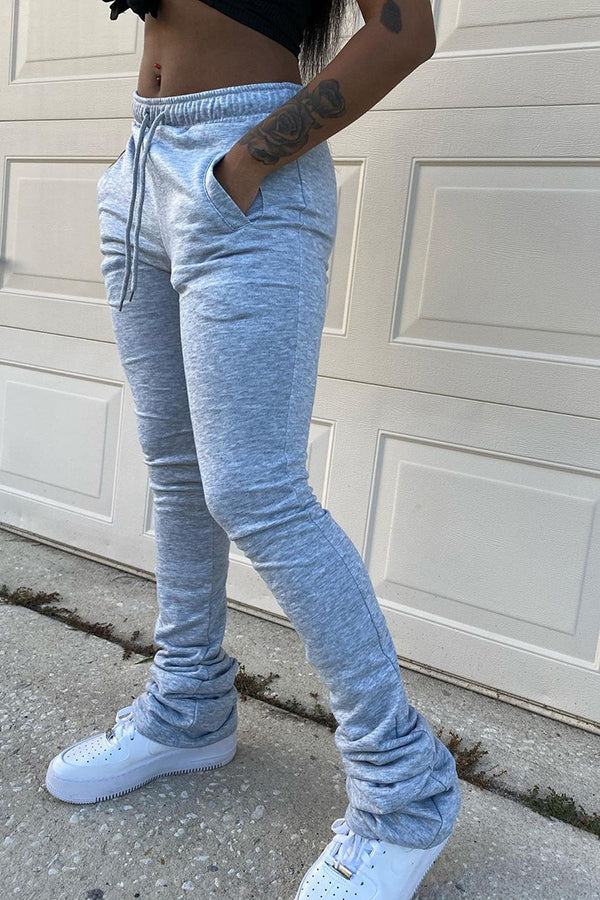 Faux Denim Print Drawstring Stacked Pants