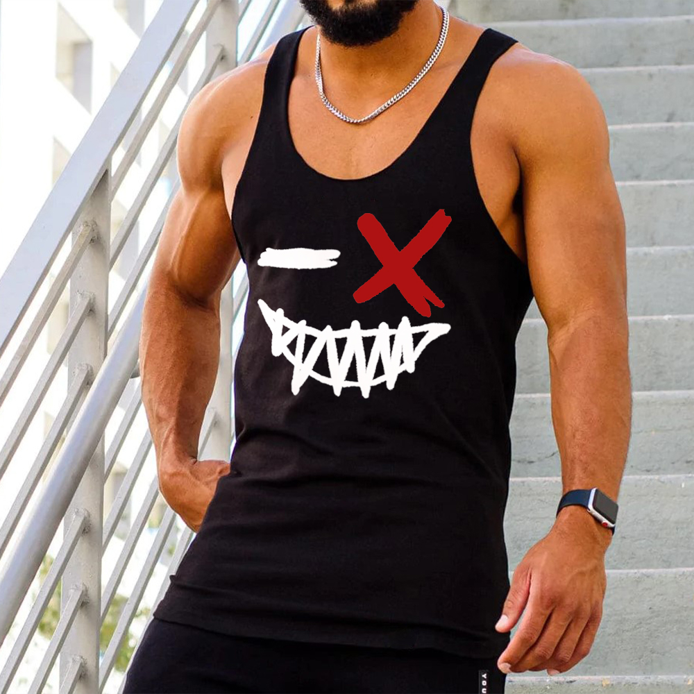 Men's Sports Smiley Print Sleeveless Black Tank Top