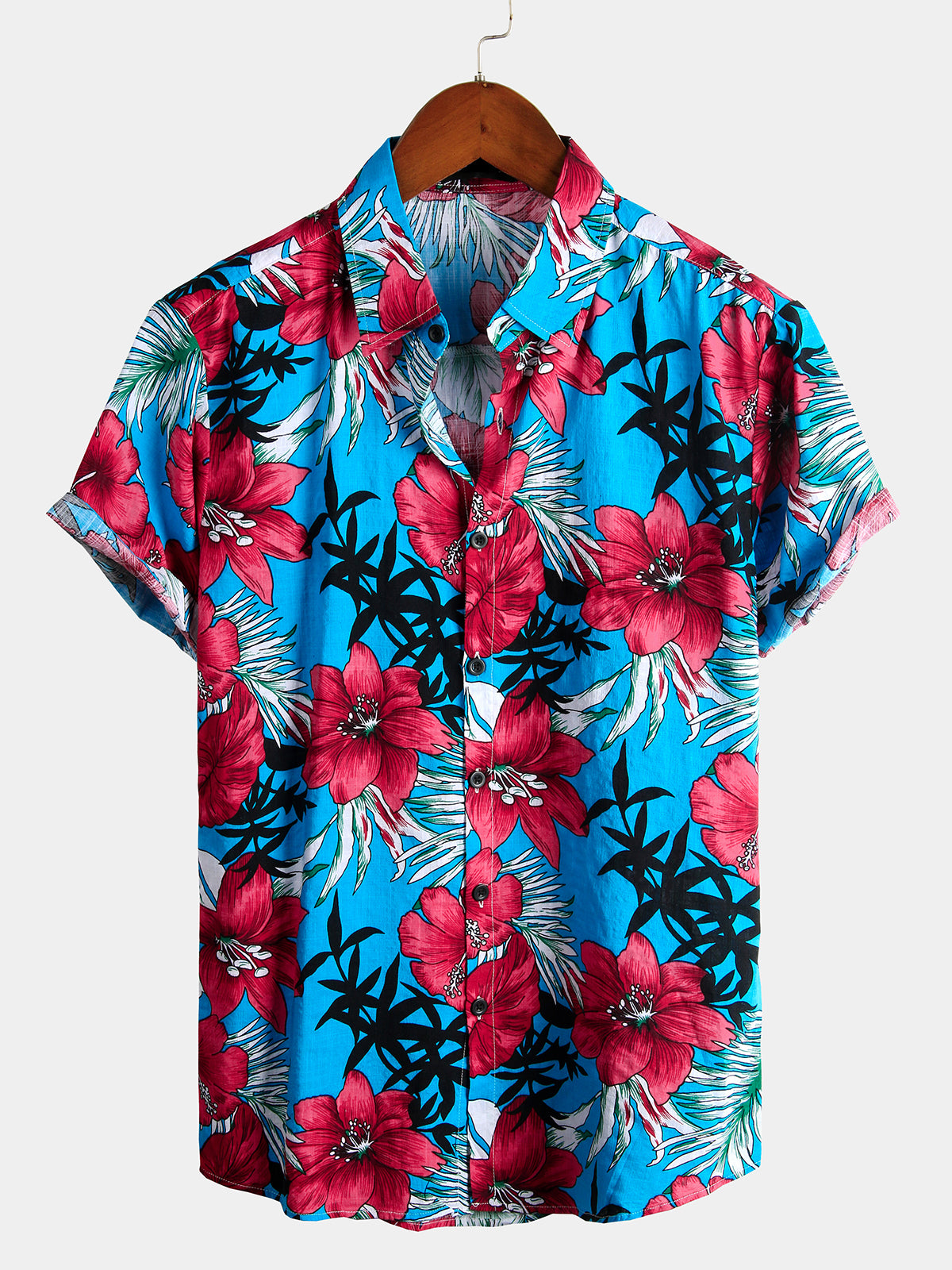 Men's Blue Flower Tropical Hawaii Cotton Short Sleeve Shirt