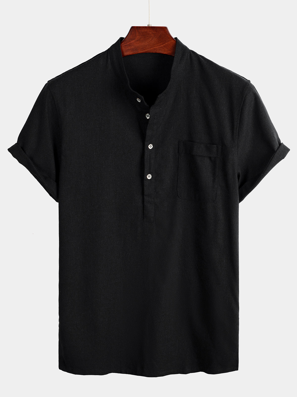 Men's Solid Color Stand Collar Half Button Pocket Front Shirt