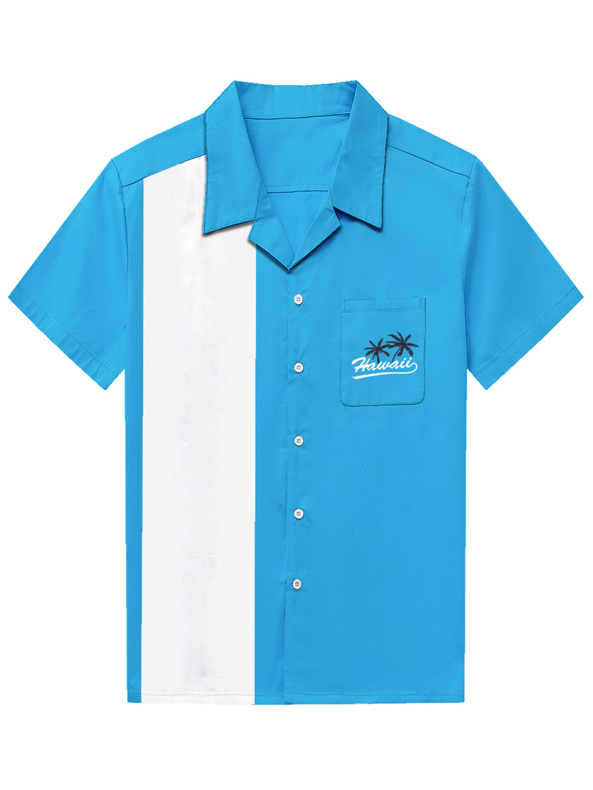 Men's 50's Vintage Camp Cotton Pocket Bowling Hawaii Coconut Tree Blue Short Sleeve Shirt