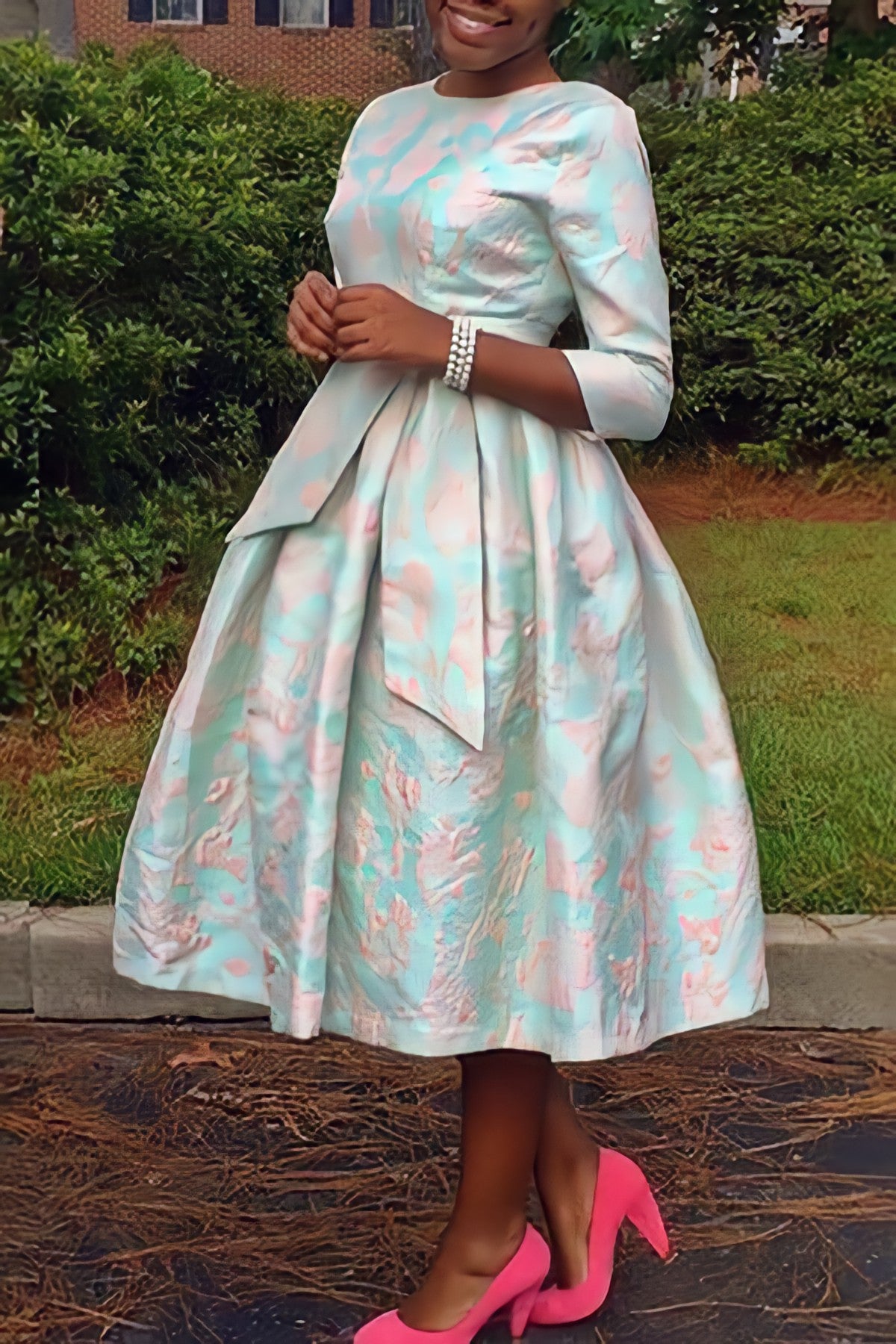 3/4 Sleeve Bloom Floral A-line Dress