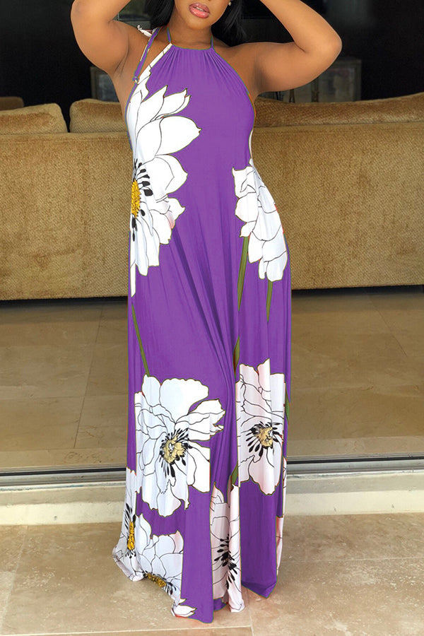 Flower Print Halter Maxi Dress With Headscarf