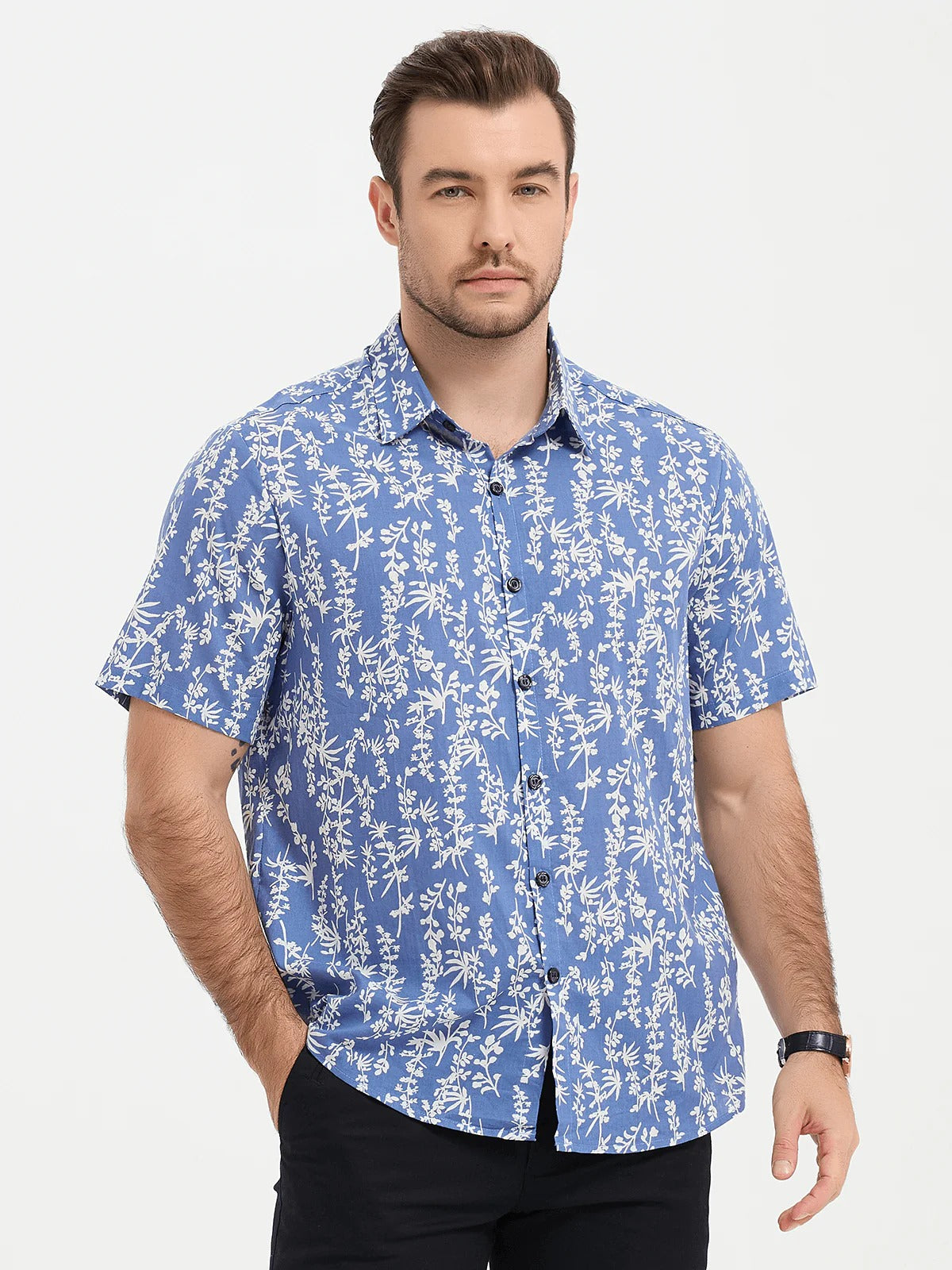 Men's Tropical Leaf Print Top Blue Cotton Button Up Short Sleeve Shirt