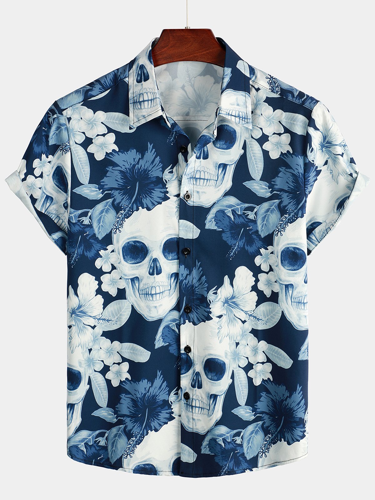 Men's Skull Rose Print Short Sleeve Hawaiian Shirt