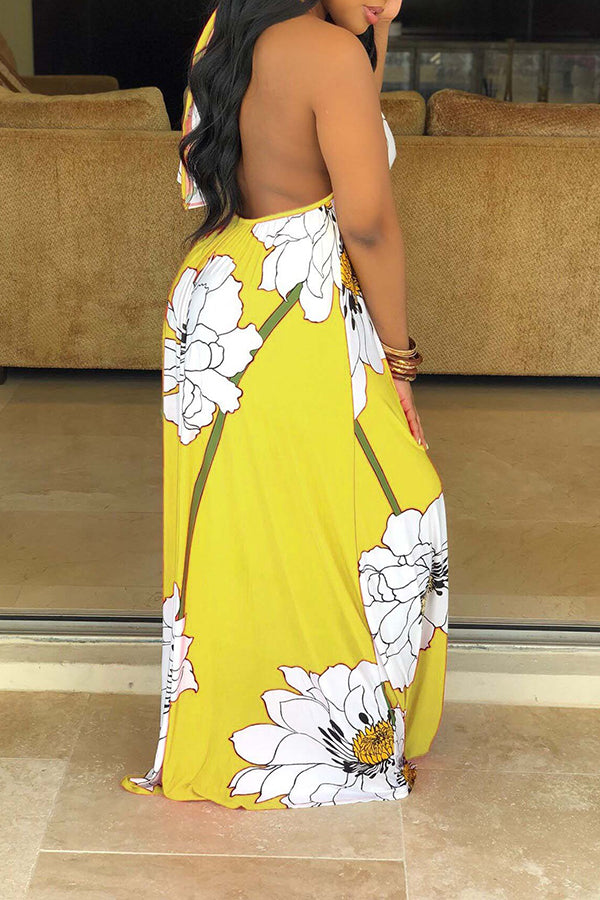 Flower Print Halter Maxi Dress With Headscarf
