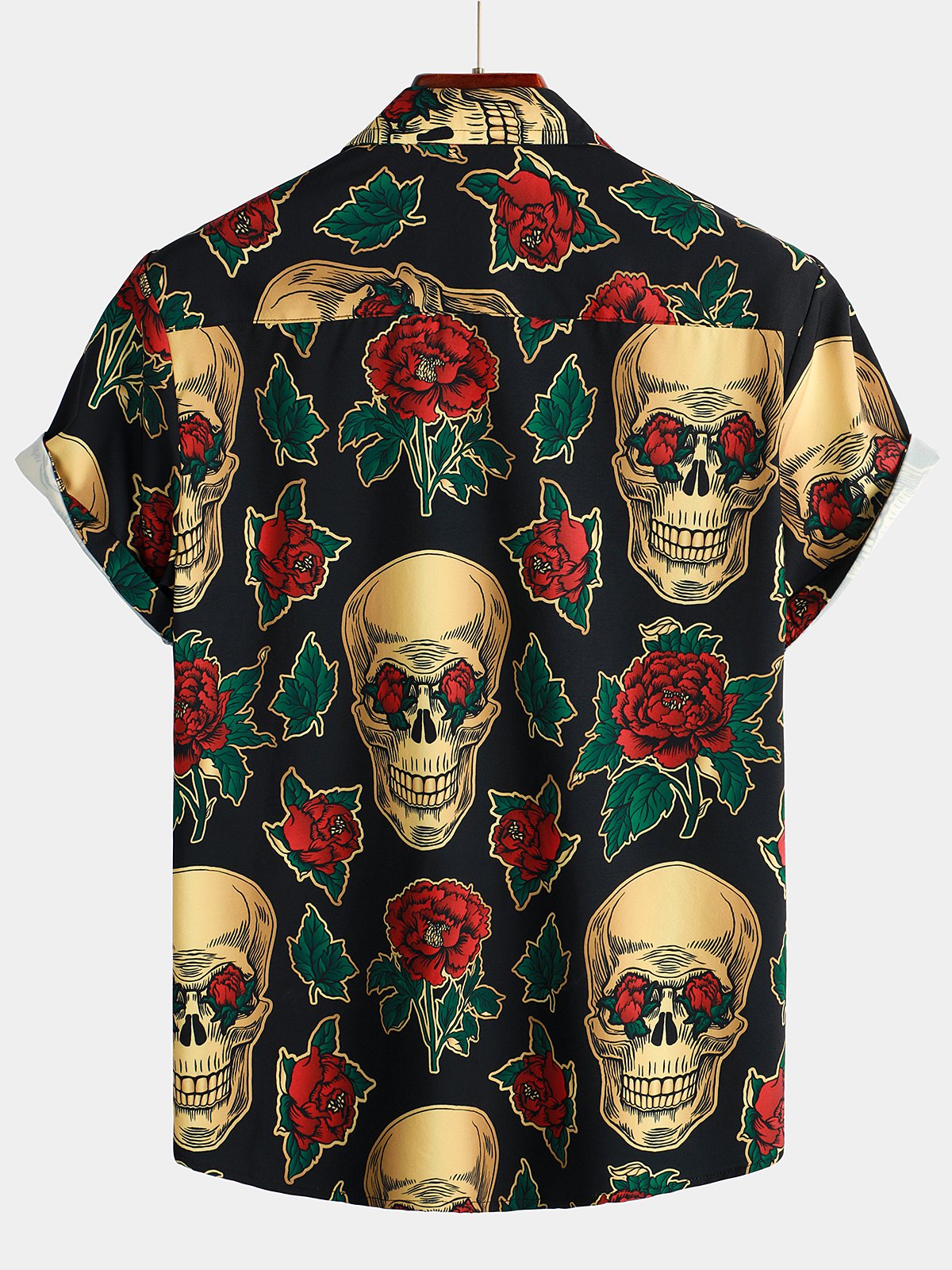 Men's Skull Rose Print Short Sleeve Hawaiian Shirt