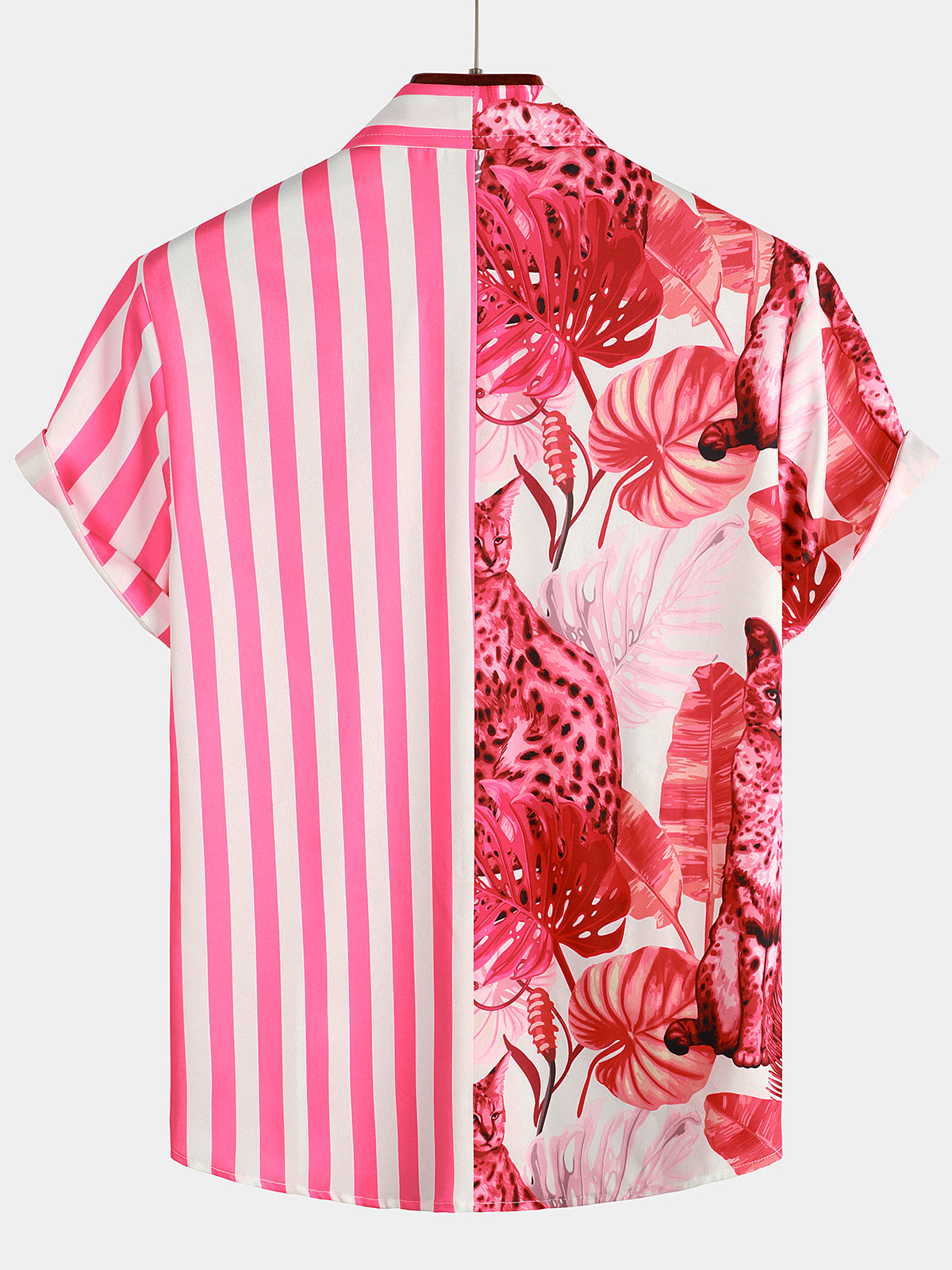 Men's Pink Cat & Striped Print Short Sleeve Shirt