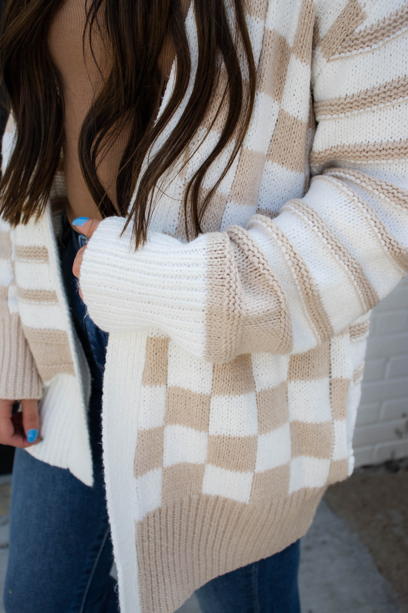 Patti Striped-Checkered Cardigan | Cream/Taupe
