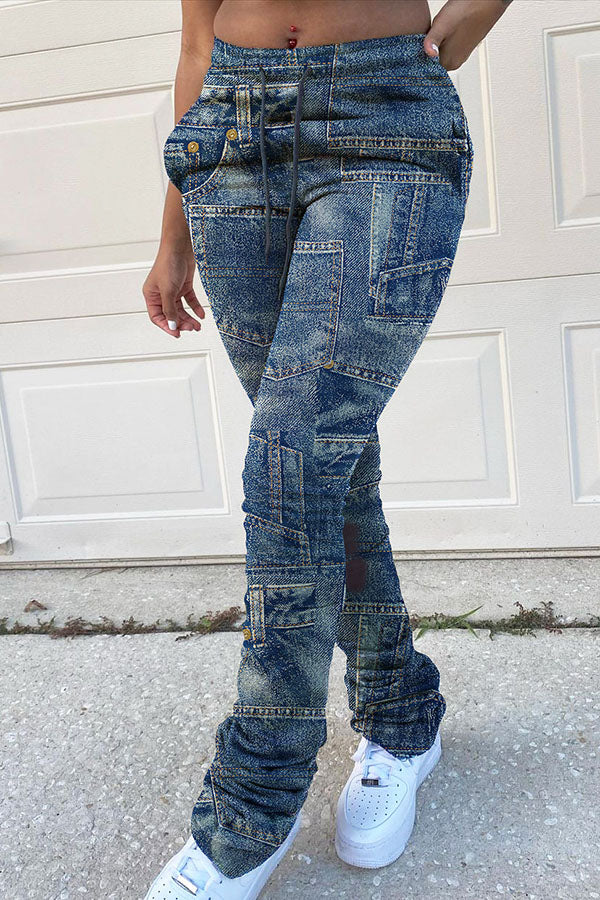 Faux Denim Print Drawstring Stacked Pants