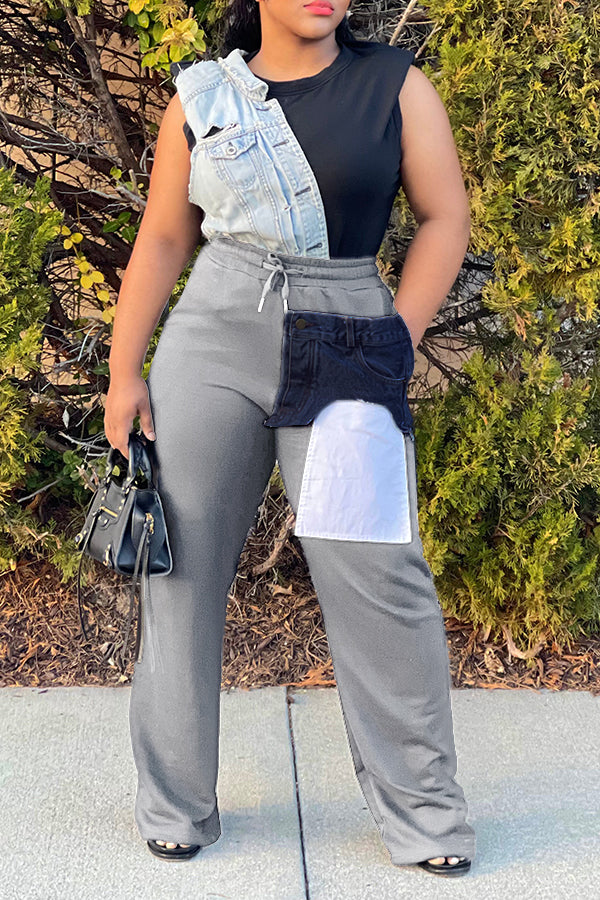 Straight Leg Patched Denim Pocket Pants